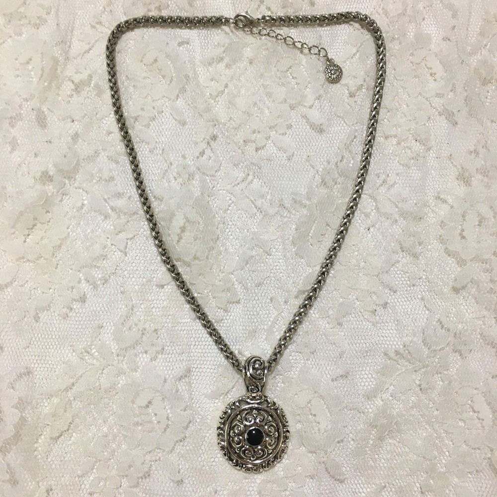Vintage Premier Designs Medallion Pendant Necklace Nora Black Cabochon Scrolled - Picture 4 of 10
